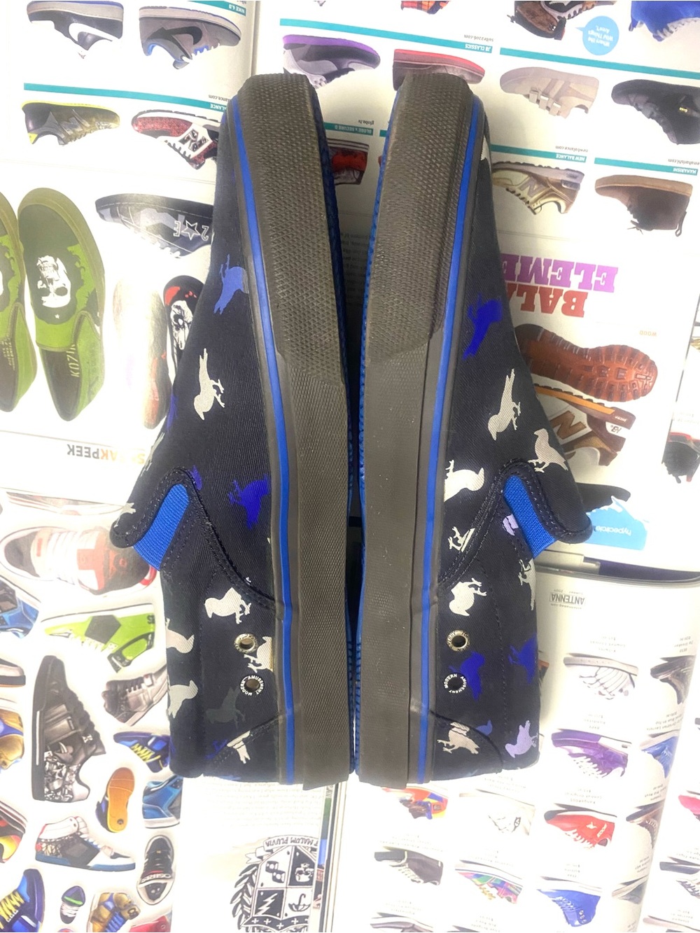 Vintage 90s Sperry Black Slip-On Sneakers with Blue Trim and Horse Print